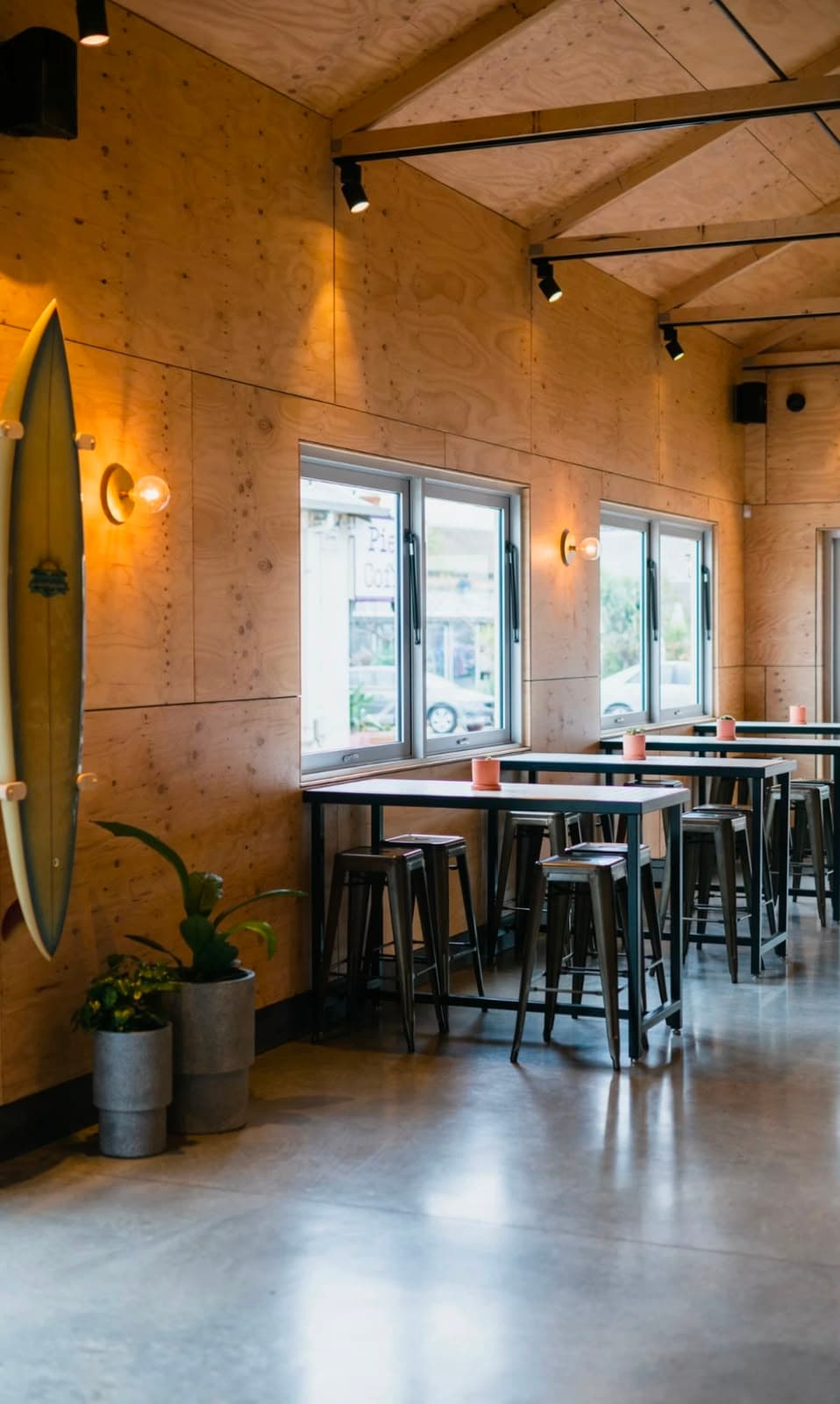 Commercial fit-out painting Noarlunga – clear-coated plywood walls and ceiling in a cafe
